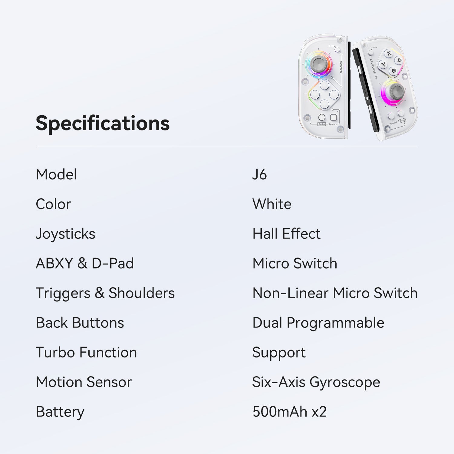 J6 Switch Controller Replacement for Joy-Con, Hall Effect Joysticks, RGB Lights, Motion Control, Macro & Turbo 1 Pair